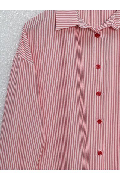 Modamorfo Hosszú gombos vékony csíkos ing -piros