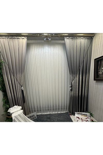 NİVEMESHOME Nivemeshome Arya Black Tulle Curtain - 1/3 Close Pleated Striped Apm