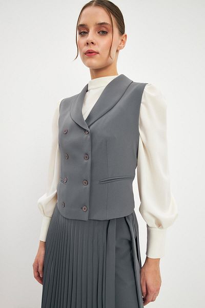 Zühre Anthracite Pleated Asymmetrical Vest Set - Tk-1372