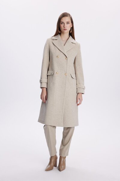 Zühre Double Breasted Collar Long Beige Coat 13570