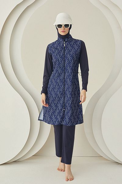 NBB Rope Patterned Navy Blue Woven Hijab Swimsuit