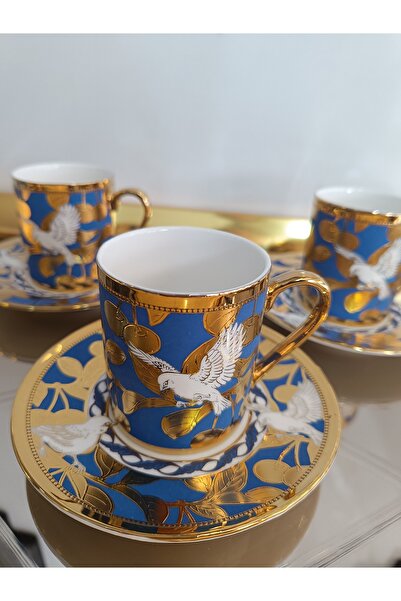 DEKOR ZÜCCACİYE HOME Kosova 6 kişilik kuş desenli kabartmalı mavi kahve fincanı