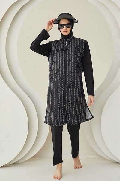 NBB Hijab Swimsuit - Black Line Pattern, Woven
