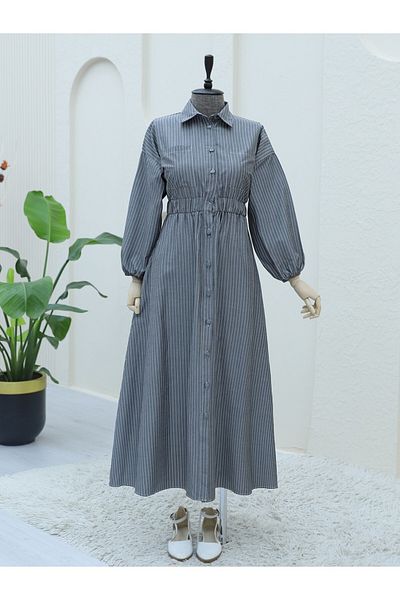 Modamorfo Geräuchertes gestreiftes Kleid – Knopfleiste vorne und elastische Taille