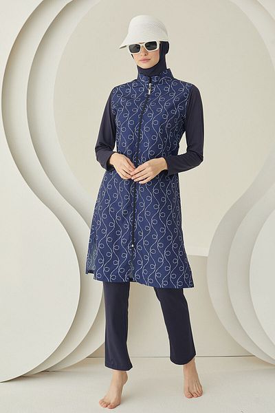 NBB Rope Patterned Navy Blue Woven Hijab Swimsuit