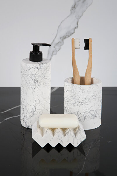 betonmall طقم حمام خرساني منقوش بالرخام مكون من 3 قطع، موزع صابون سائل، حامل ...