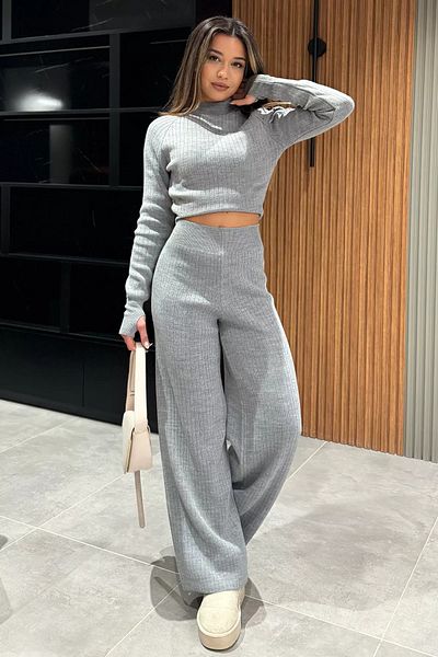 GÜLSELİ Gray Women's Half Fisherman Knit Crop Sweater Pants Knitwear Bottom-Top Suit