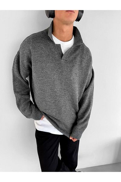 ablukaonline Anthracite Men's Polo Neck Soft Oversize Sweater