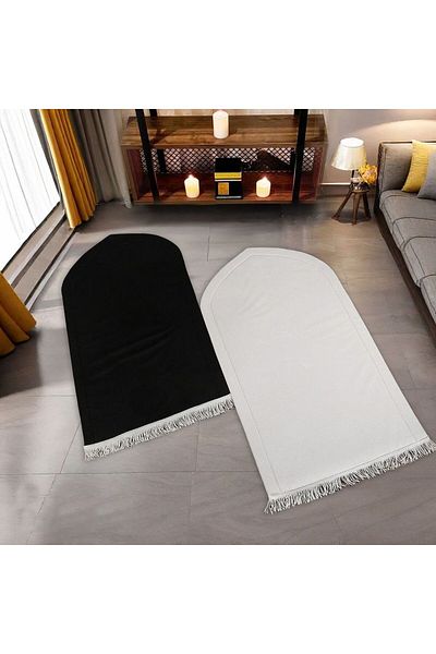 İkranur Black and White Gold Embroidered Sponge Padded Prayer Rug - Full Heart, Double (70*120Cm330Gr) Te