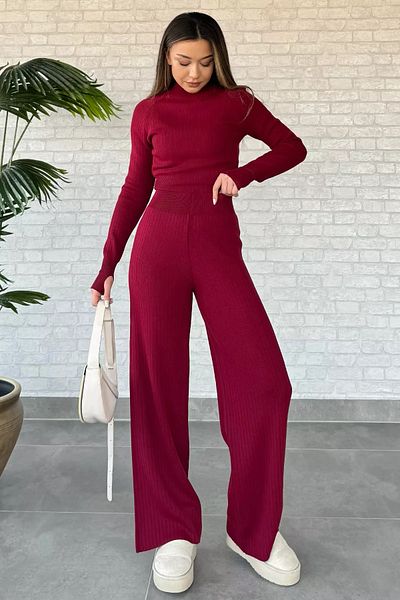 GÜLSELİ Burgundy Women's Half Fisherman Knit Crop Sweater Pants Knitwear Bottom-Top Suit