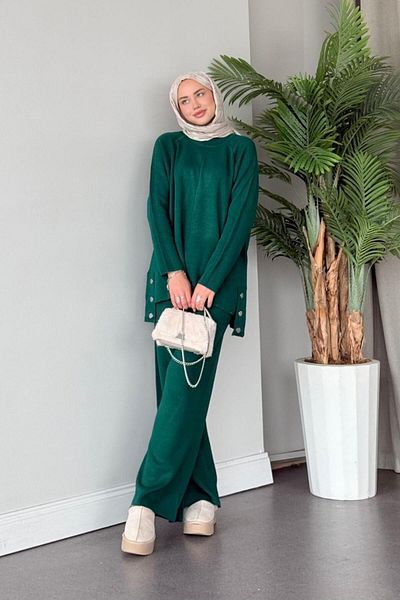 Şule Giyim Metal Buttoned Knitwear Set Petrol Blue