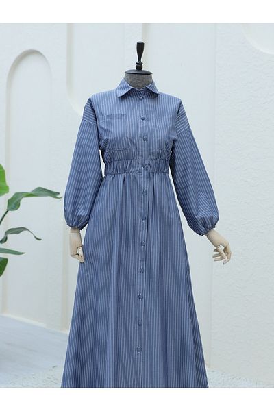 Modamorfo Gestreiftes Kleid mit Knopfleiste vorne und elastischem Bund – dunkel