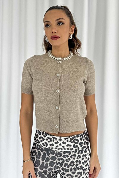 Mine Tan Butik Mink Women's Cardigan - Stone Detailed Button