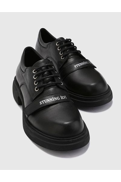 İLVİ Natal Genuine Leather Women's Black Oxford Shoes