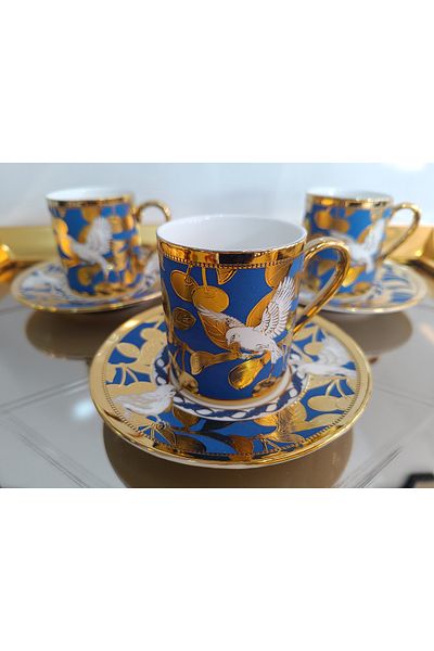 DEKOR ZÜCCACİYE HOME Kosova 6 Seater Bird Pattern Embossed Blue Coffee Cup