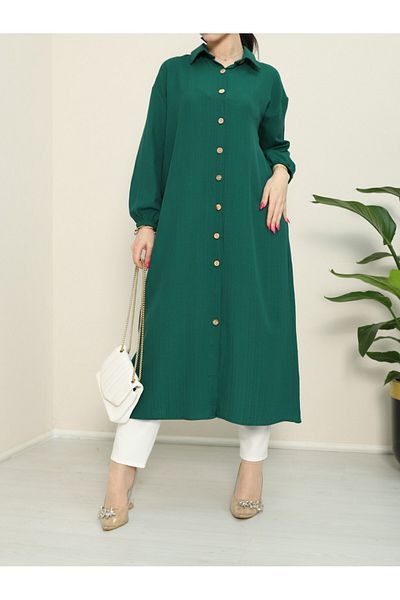Modamorfo Long Crinkle Tunic - Tall Button and Elastic Sleeve, Emerald