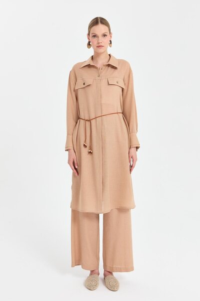 accort Beli İp Detaylı Uzun Keten Tunik - CAMEL