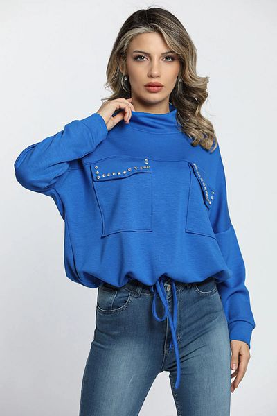 GÜLSELİ Sax Blue Half Turtleneck Double Pocket Stylish and Comfortable Rhinestone Sweatshirt with Waist Tie Detail