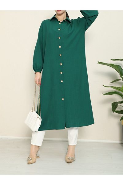 Modamorfo Long Crinkle Tunic - Tall Button and Elastic Sleeve, Emerald