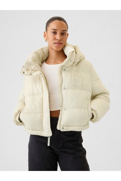 GAP Kadın Kırık Beyaz PrimaLoft® P.U.R.E.™ Gap Logo Heavyweight Puffer Şişme Mont