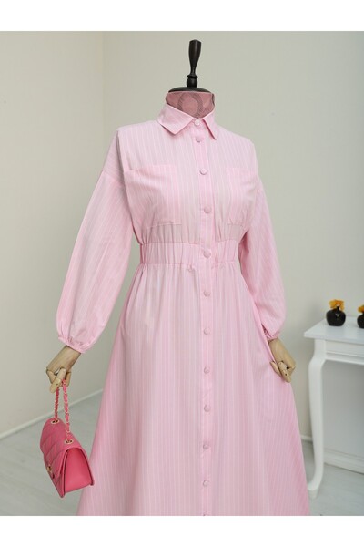 Modamorfo Ριγέ φόρεμα με ελαστική μέση με κουμπιά μπροστά - Ροζ