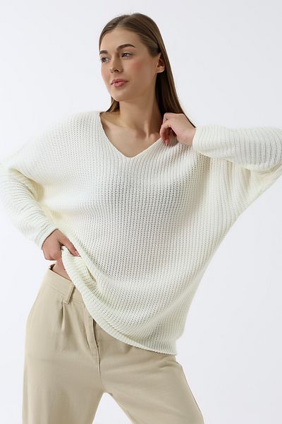 Devinka Women's Bone Oversize Casual V-Neck Knitwear Sweater