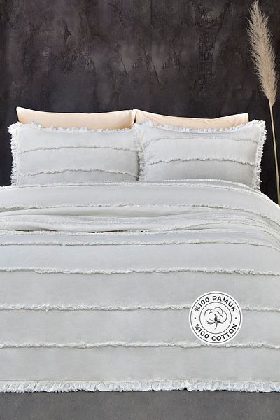Evlen Home Collection White Cotton Echos Bedspread Set - Casual Double Sided 3 Pieces Padded
