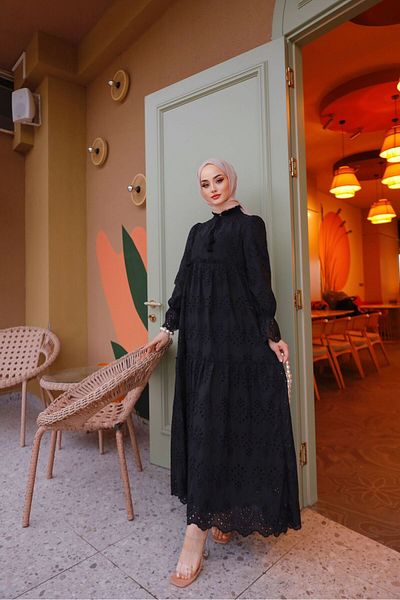 PİNK FLY Black Long Hijab Dress - Embroidery Laced and Tassel Detail
