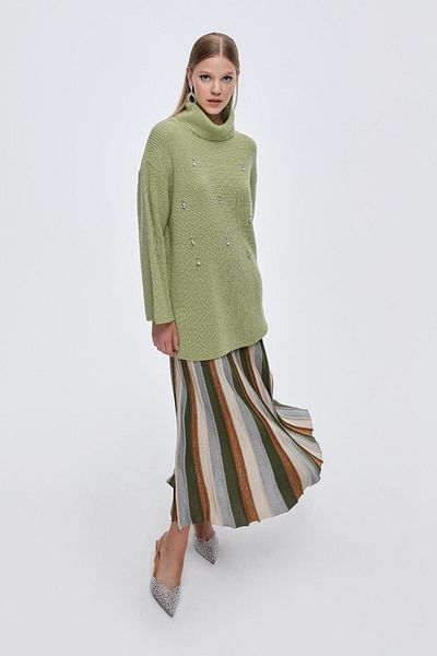 KB STUDIO Khaki Green Glitter Knitwear Pleated Skirt