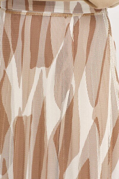 Tuğba Desenli File Plisoley Etek - Kahve