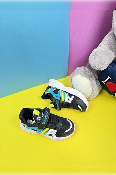 Allyup Pantofi negri unisex pentru copii - pantofi sport cu șireturi elastice, velcro și respirabili 080
