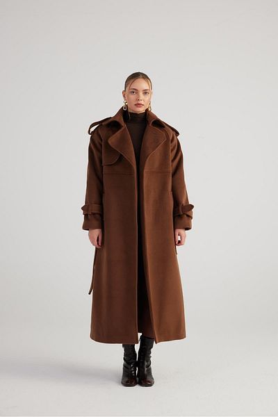 HOLLY LOLLY Long Stamp Nora Coat - Belt and Sash Detail, Brown