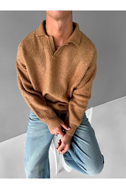 ablukaonline Ανδρικό πουλόβερ με υφή Oversize - Ανοιχτό καφέ