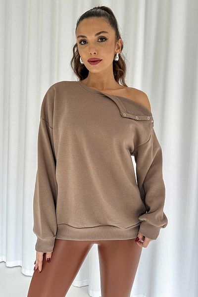 Mine Tan Butik Дамски суитшърт с детайл с открити рамене и четкана вътрешна част - Кафяв