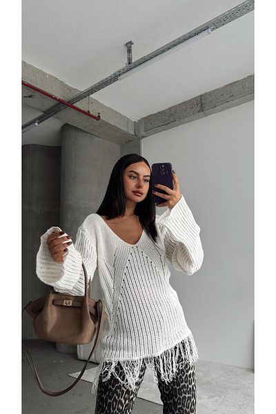 mydukkan.co Stone Colored Fringed Knitwear Sweater