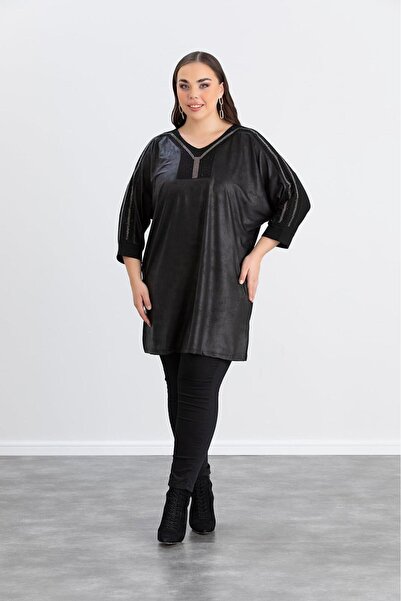 RMG Πλεκτή Μπλούζα Πέτρινη Λεπτομέρεια Plus Size Μαύρη