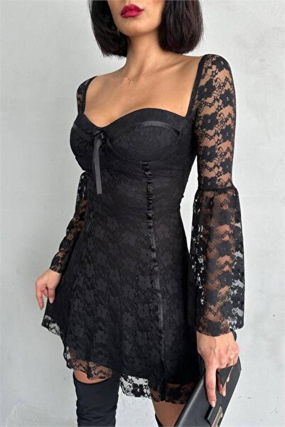 Dipmoda γυναικείο μαύρο φόρεμα μίνι με λεπτομέρειες Δαντέλα DPDF105