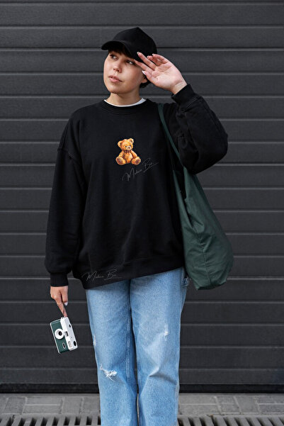 Peluş Turuncu Ayıcık Baskılı UNİSEX Oversize 0 Yaka Sweetshirt %100 Pamuk