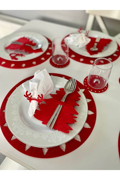 Mini Tasarım Atölyem Christmas Pine Tree Patterned Tableware Presentation Dish Set for 6 People (24 Pcs)