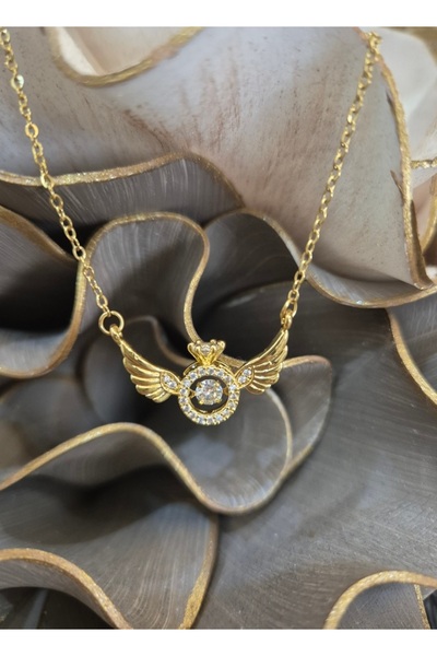 Ekc style Çelik Gold Tek Taş Yüzük Görünümlü Melek Kanatlı Kolye