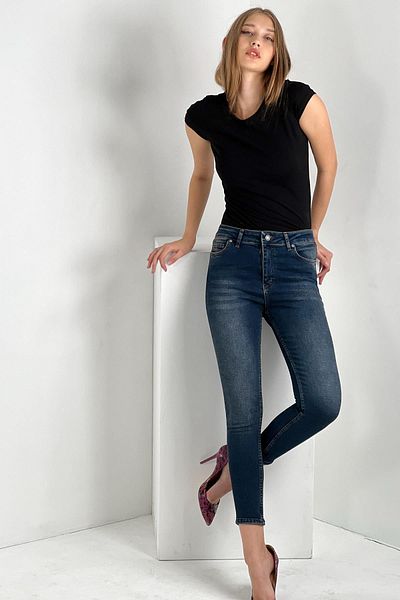 Miss Poem Blugi de damă cu talie înaltă, elastici, cu picioare înguste, pantaloni albaștri din denim