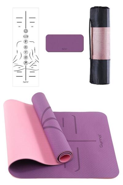 Gymo Sembol Hizalamalı 6mm Tpe Yoga Matı Pilates Minderi Diz Dirsek Koruyucu Matlı Set Mürdüm