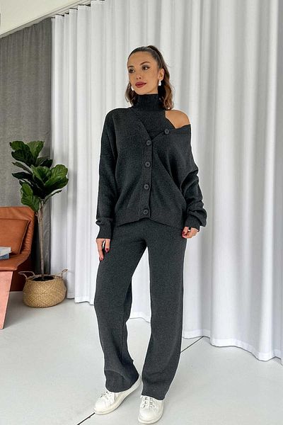 Mine Tan Butik Anthracite 3 Piece Halter Neckline Crop Cardigan and Trousers Set
