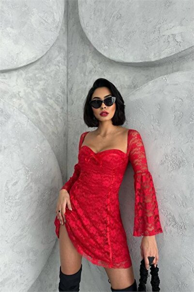 Dipmoda γυναικείο κόκκινο φόρεμα μίνι με λεπτομέρειες Δαντέλα DPDF105