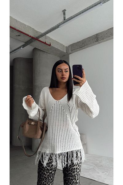 mydukkan.co Stone Colored Fringed Knitwear Sweater