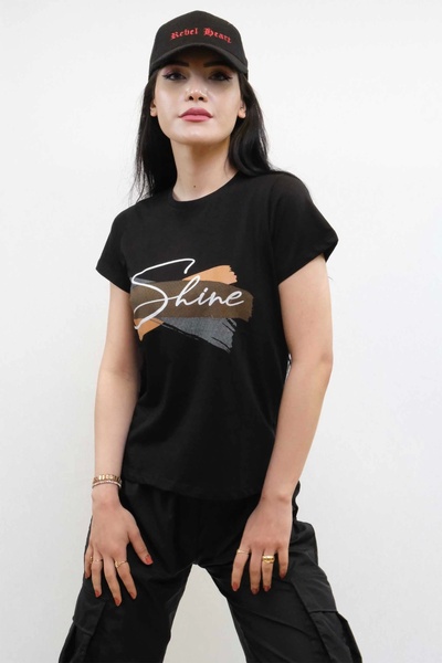 New Shine Black Fashion Striped Shine Printed T-Shirt