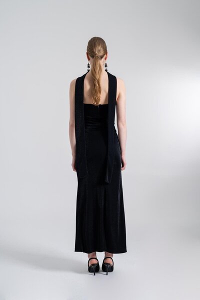 HOLLY LOLLY Shiny Fabric Long Gabrielle Dress with Scarf Black