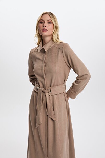 Zühre Πουκάμισο με γιακά Ζώνη Πέτρινο Μακρύ Φόρεμα E-0446