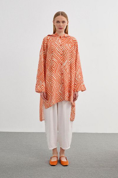 Zühre Orange Hooded Tunic - Front Buttoned, T-1448