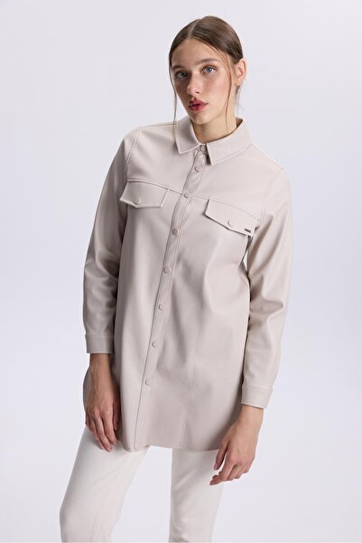 Zühre Πέτρινο δερμάτινο πουκάμισο γιακά τουνίκ - T-1479